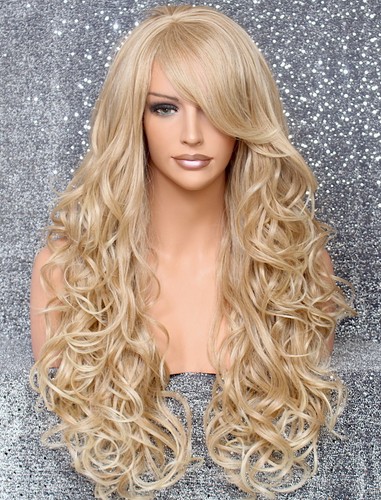 Lange Echthaar Mischung Vollperücke Hitze OK Lockig Blond Mix 27-613 Neu mit Etikett WBT - Bild 2 von 9