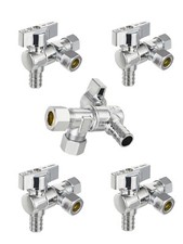 5 PCS Dual Outlet Angle Stop Valve,1/2" Pex Crimp 3/8"x3/8" Compression,1/4 Turn