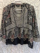 Lucky Brand Womens Sz M Black Pink Floral Bell Sleeve Boho Blouse