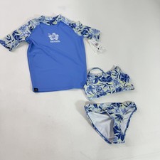 Rip Curl Island Bliss Swim Set Girls 10 Blue Floral Rash Guard Bikini UPF 50 