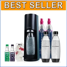Sleek Black Sparkling Water Maker Bundle: CO2, 3 Reusable Bottles & Bubly Drops