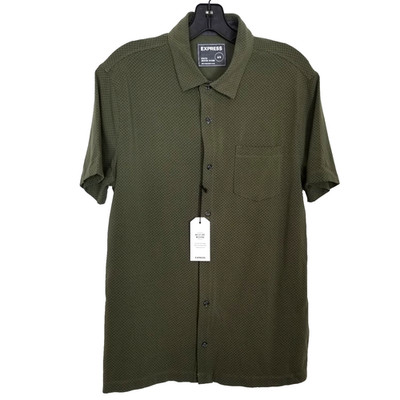 Express Women Stretch Moisture Wicking Button Up Shirt Sz M Green Short Sleeve
