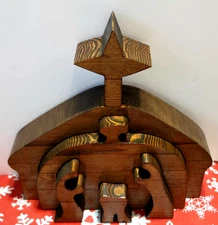 Wooden Handmade Nativity Manger Stable Scene Puzzle Mary Joseph Baby Jesus