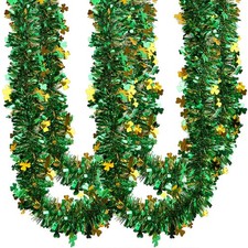 33FT St.Patrick's Day Tinsel Garland,Shamrock Clover Green Gold Metallic Garland