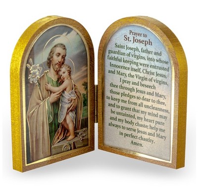 St Joseph Gold Tirim Wooden Diptych Italian Catholic Art Work  Bi-Fold Plaque