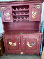Hand Painted Red Wood Hutch with Rooster Design, Country Style, 4 Doors, Shelves