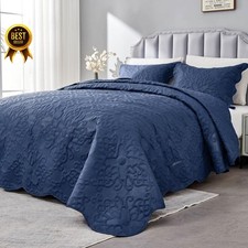 Oversized King Bedspread 128x120 Quilt Set Lightweight Coverlet Navy 3Pc