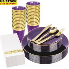 Purple Plastic Dinnerware Set 25 Guests Plates Cutlery Napkins Party Supplies US