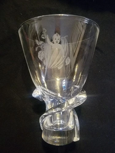 Steuben 6 3/4" Vase With Hershey Cocoa Baby Bean Etching 100 Years