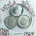 Lot of 3 Roosevelt Dime 1964-1964- 1951 90% Silver VG Condition Look &Judge* Gem