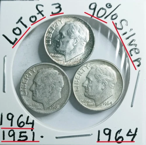 Lot of 3 Roosevelt Dime 1964-1964- 1951 90% Silver VG Condition Look &Judge* Gem