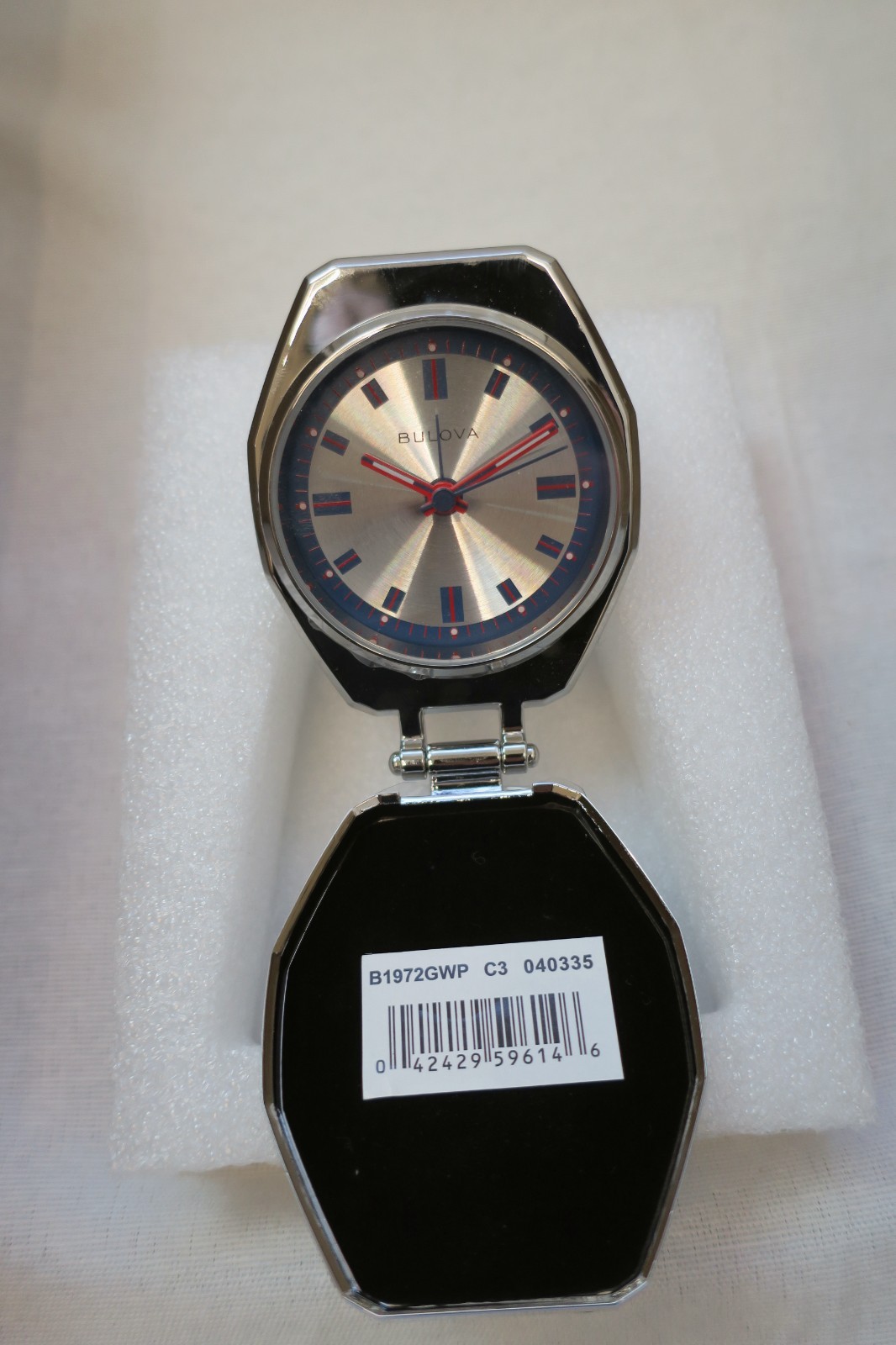 Bulova Folding Travel Alarm Clock – Silver-Tone Octagon Case, Red Accents, Quart