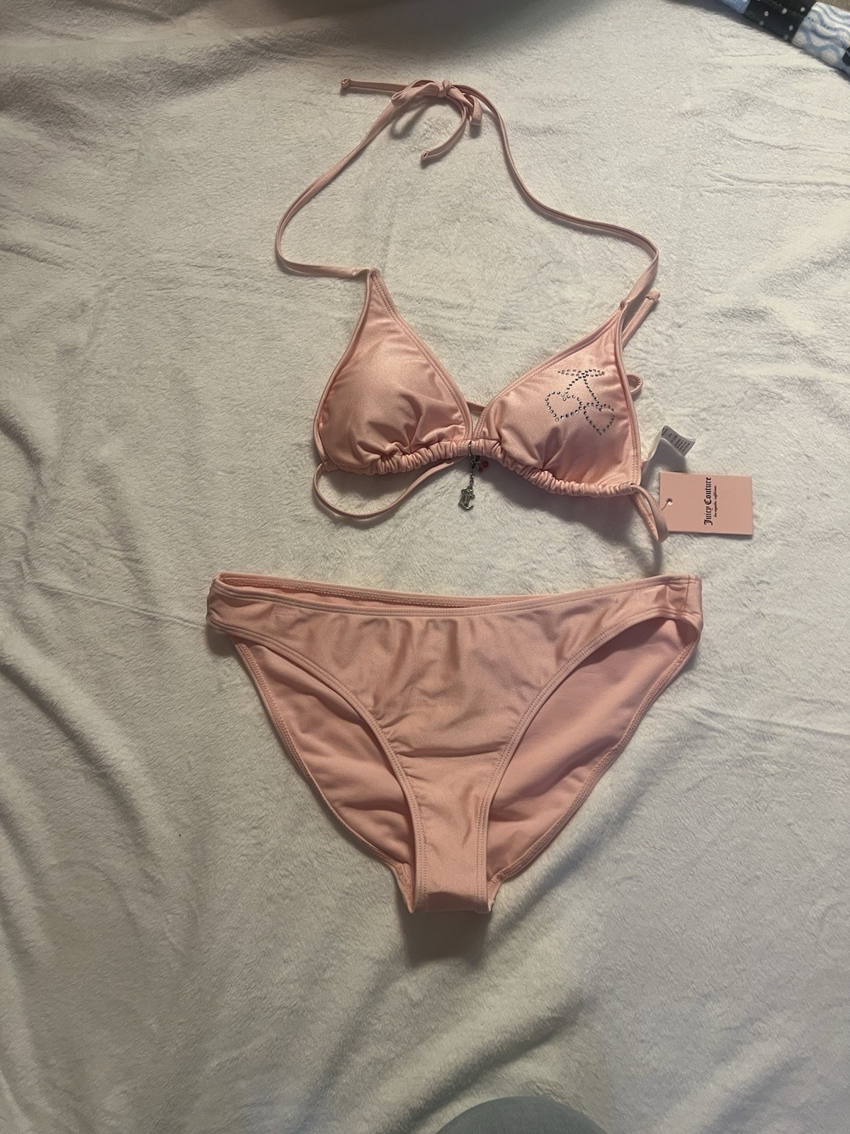 Juicy Couture Pink Rhinestone Cherry Halter Triangle Bikini Set Size L