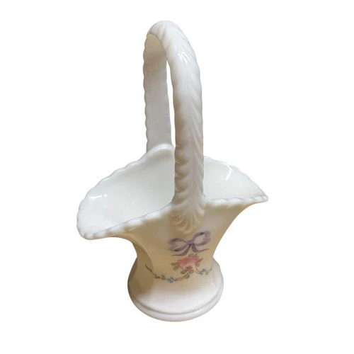 Vintage Westmoreland Hand-Painted Roses & Bows Glass Basket 7” Tall