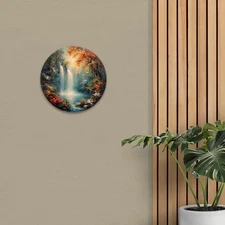 1pc Large 7.87-Inch Round Metal Wall Decor - Elegant Waterfall & Autumn Forest L