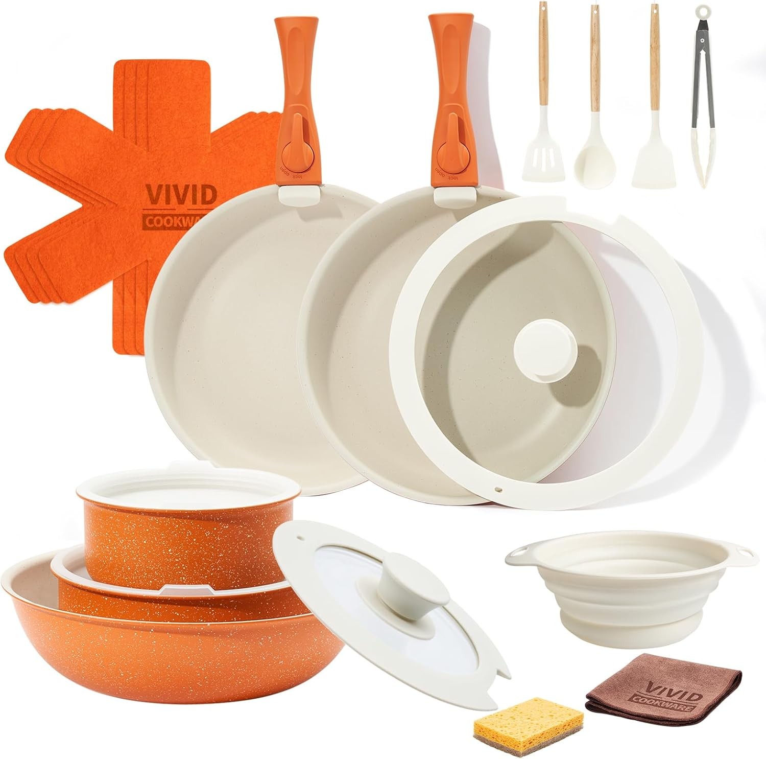 Ceramic Cookware Sets, Pots and Pans Set Nonstick, 22Pcs Mixed, Orange