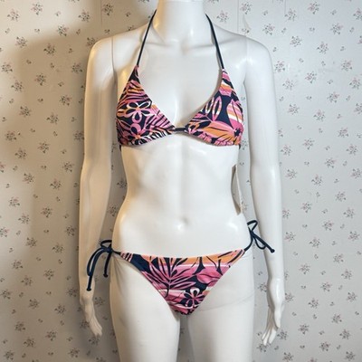 NWT Ocean Pacific Bikini Swimsuit 2 Piece Set Size M Women Floral Palm Pink Blk