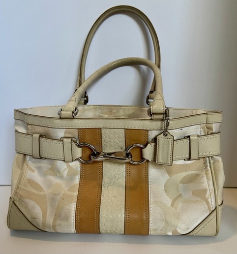 COACH Cream Fabric/Canvas & Tan Leather Signature C Tote Purse Handbag