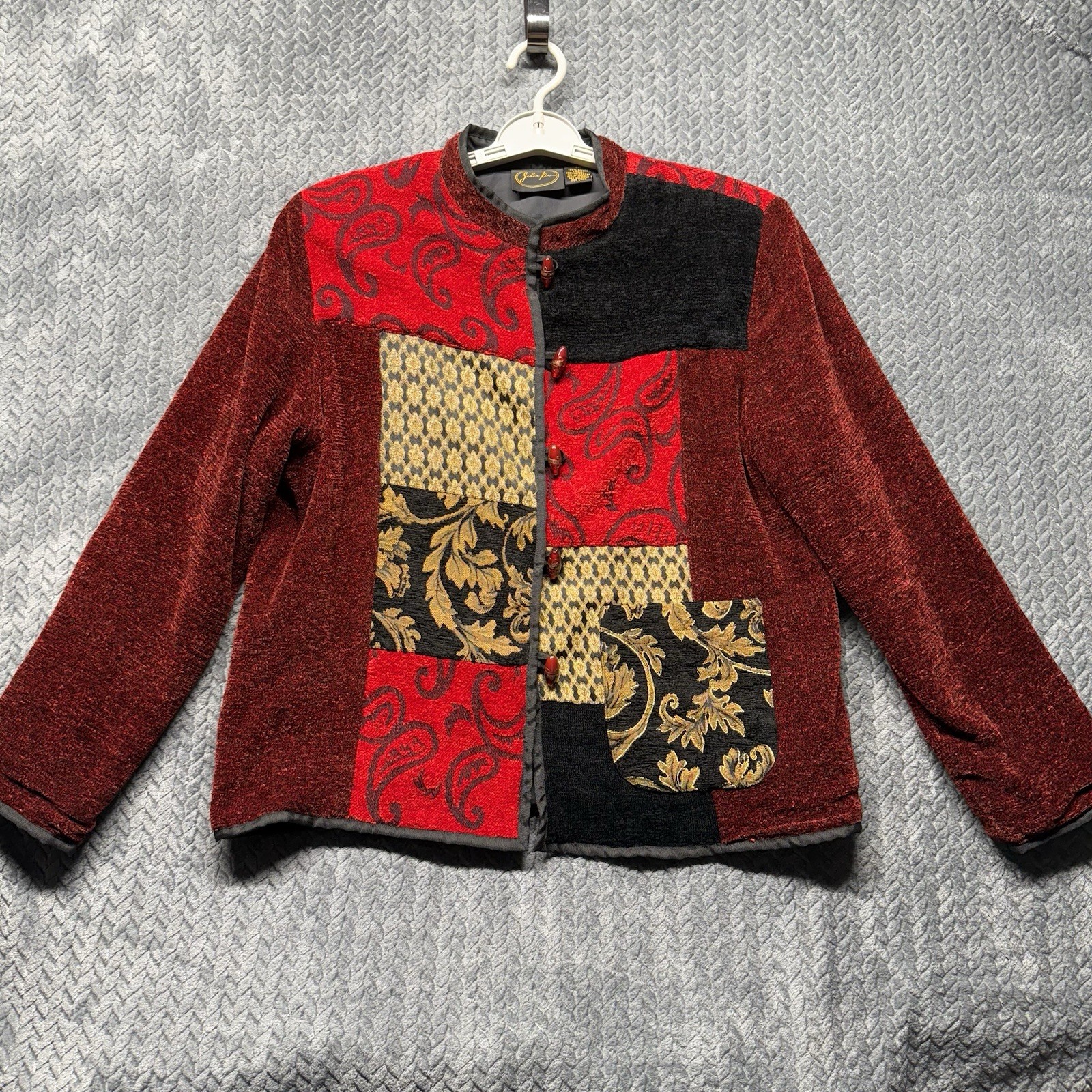 Julia Kim Patchwork Chenille Jacket M Red Tapestr… - image 2