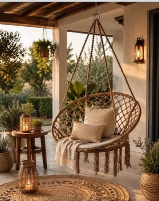 Boho Hängeseil Schaukelstuhl Indoor Outdoor Terrasse Hängematte Sitz mit Kissen - Bild 1 von 2