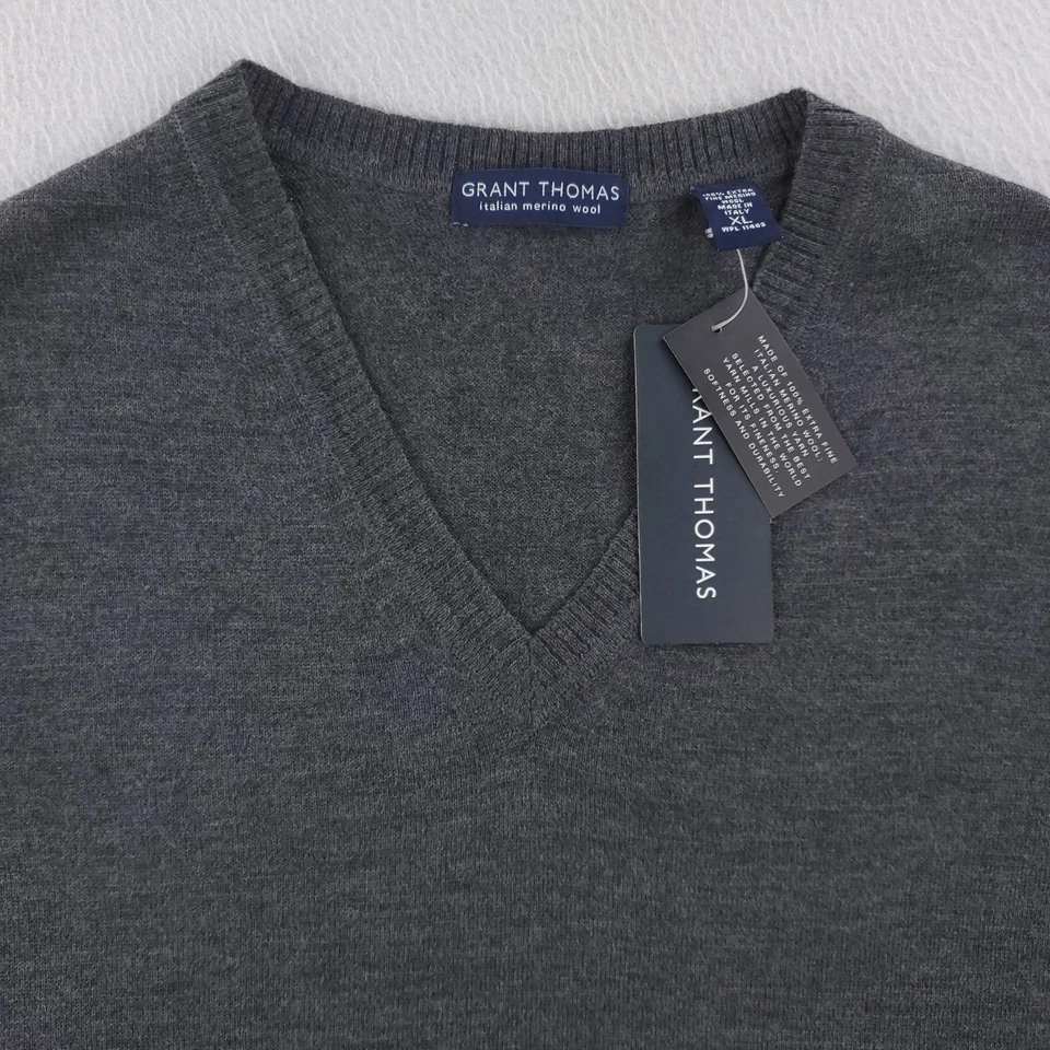 Chaleco Suéter Grant Thomas Italiano Lana Merino Suave Cuello en V Italia Gris Hombres XL NUEVO CON ETIQUETAS Foto 4 de 4