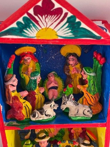 Wooden Retablo Nativity Double Scene Peruvian Village Hand Painted Diorama - Picture 12 of 12