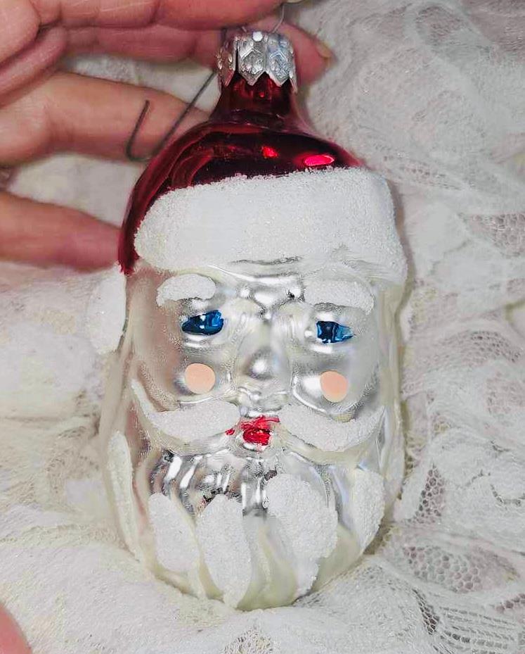 Nice Santa Face Glass Christmas Ornament Poland 3.75" Anthropomorphic