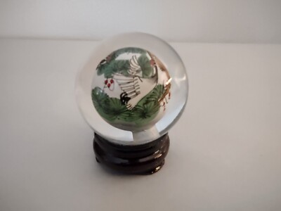 Miniature Chinese Reverse Painted Glass Sphere with Stand Cranes Trees Berries