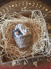 New 3D Dresden 2 Dalmatian Puppies & Black n White Cat in Basket Paper Ornament 