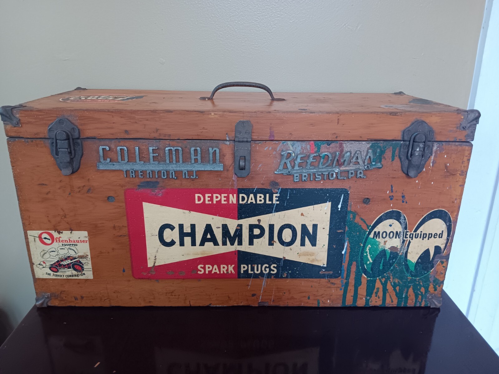 1960s Vintage Wood Tool Box Car Parts Stickers Champion Offenhauser