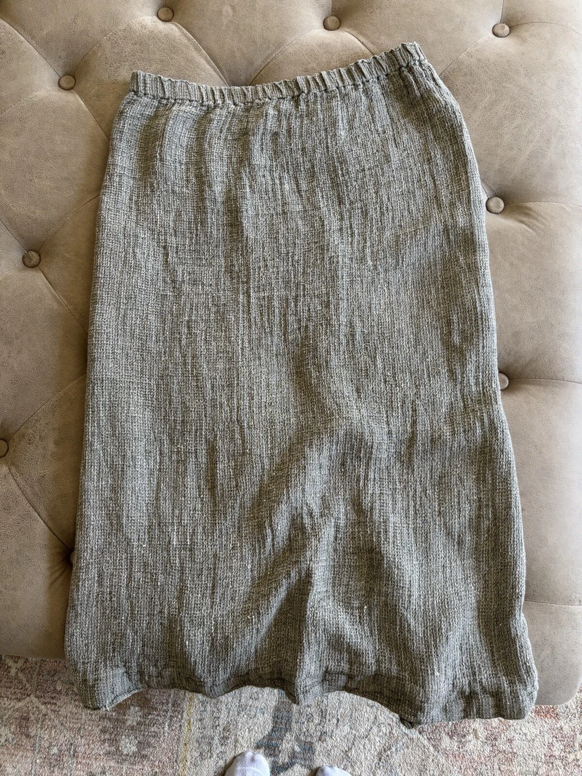 Vintage Flax Jeanne Engelhart 100% Linen Midi Skirt Pull On Elastic Waist