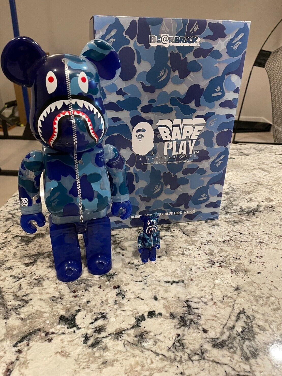 Bearbrick X Bape ABC Came Shark 100% and 400% Set Clear Blue