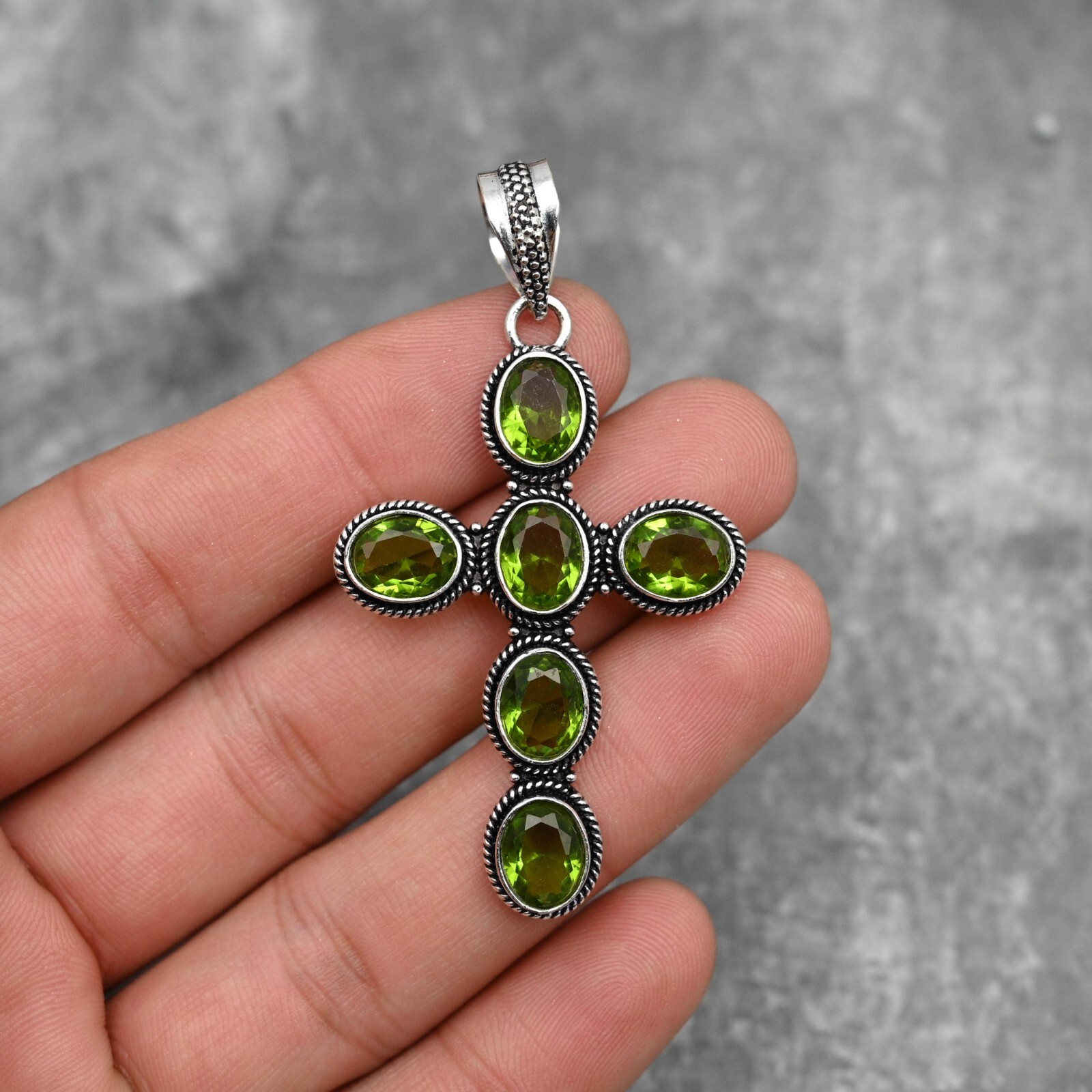 Natural Peridot Holy Cross Pendant 925 Sterling Silver Birthstone Jewelry Gift