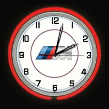 19" BMW M Series Sign Red Neon Clock Chrome Case Bavarian Motor Works Man Cave