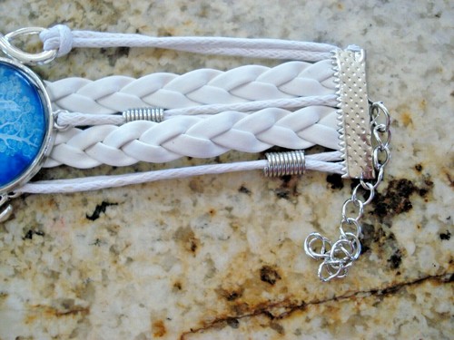 Love Adjustable WHITE Faux Leather Corded Tree of Life Glass Cabochon Bracelet - Picture 3 of 7