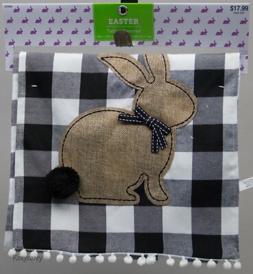 Celebrate Easter Bunny White & Black Gingham Table Runner 13x72 NWT