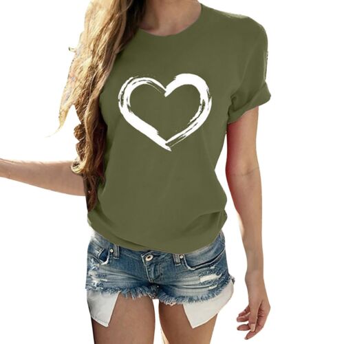 Women Short Sleeves O Neck Tops Ladies Heart Shaped Print Casual Blouse T Shirts - Picture 25 of 63