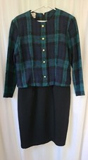 Vintage Talbots Suit Black Blue Green Plaid Decorative Buttons Womans Size 8
