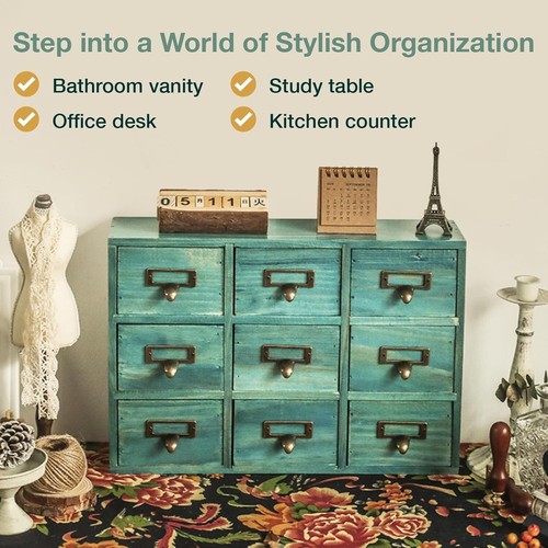 Teal Wooden Drawer Organizer for Desktop - Vintage Apothecary Cabinet w/ 9 Drawe - Picture 3 of 8