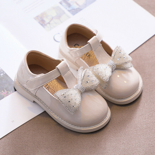 KIDS BABY INFANTS GIRLS SHINY T-BAR SPANISH BOW WEDDING PARTY PATENT SHOES SIZE - Picture 6 of 16