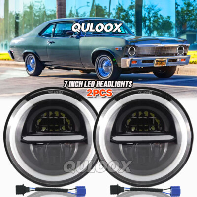 Pair 7'' Inch Round LED Headlights Halo Angel Eyes Hi/Lo For 1963-1978 Chevy Nova