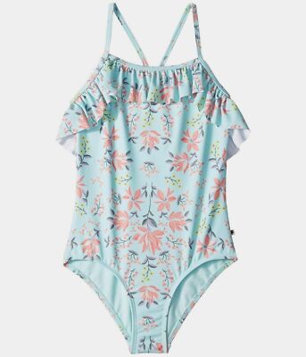 $96 Lucky Brand Kid Girl Green Stretch Floral Ruffled Eliza One-Piece Swimsuit M