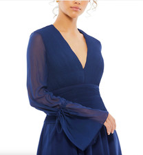 $298 Mac Duggal Women Blue Pleated Bell Sleeve Chiffon Mini Dress Size 2