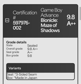 9.8 A++ Bionicle: Maze of Shadows Game Boy Advance GBA WATA GRADED NOT VGA CGC
