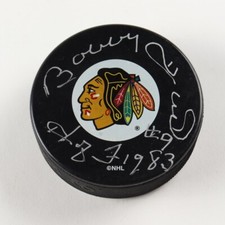Bobby Hull Signed Blackhawks Logo Hockey Puck Inscribed HOF 1983 (PSA COA) - B