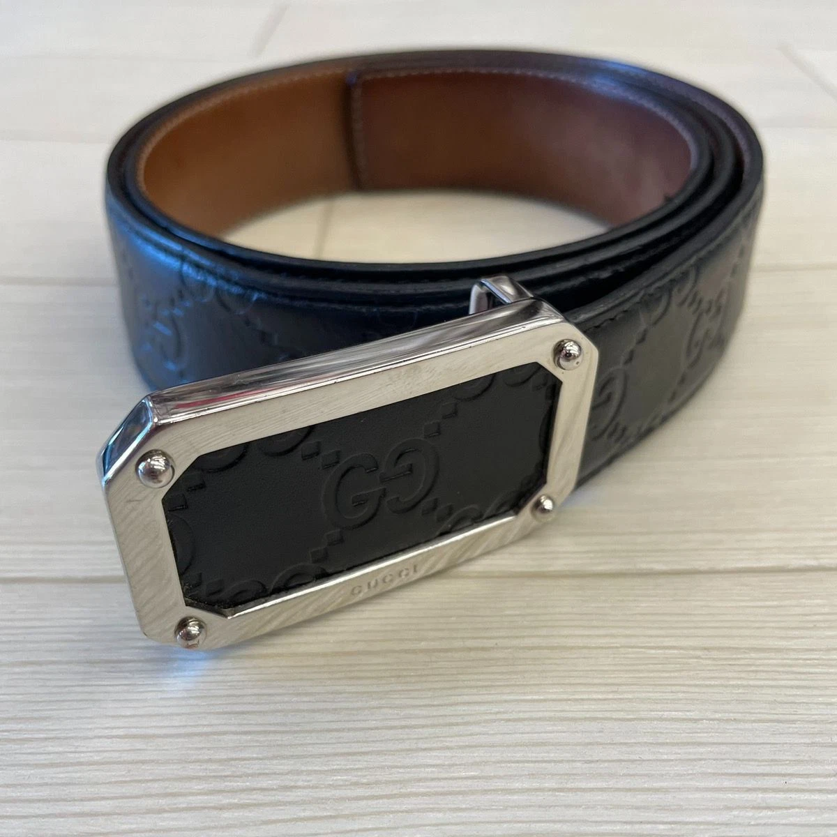 Ceinture à boucle carrée signature cuir noir GUCCI (homme/femme) 85/34   Bon état