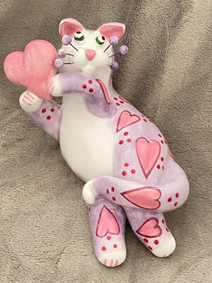 Amy Lacombe Cat Ceramic Figurine Lavender w/ Pink Hearts Annaco Creations Kitten