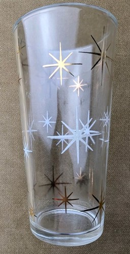 Mid-Century Modern Clear Drinking Glass Atomic WhiteGoldStars ~6InchHeight dec24 - Picture 6 of 10