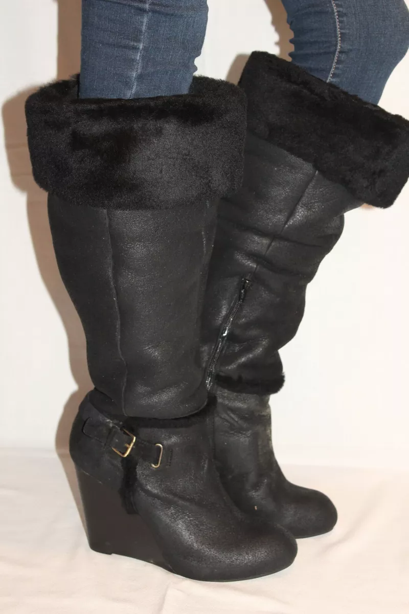 NEW EDDIE BAUER Black Leather Shearling Cuff Tall Wedge Boots Sz