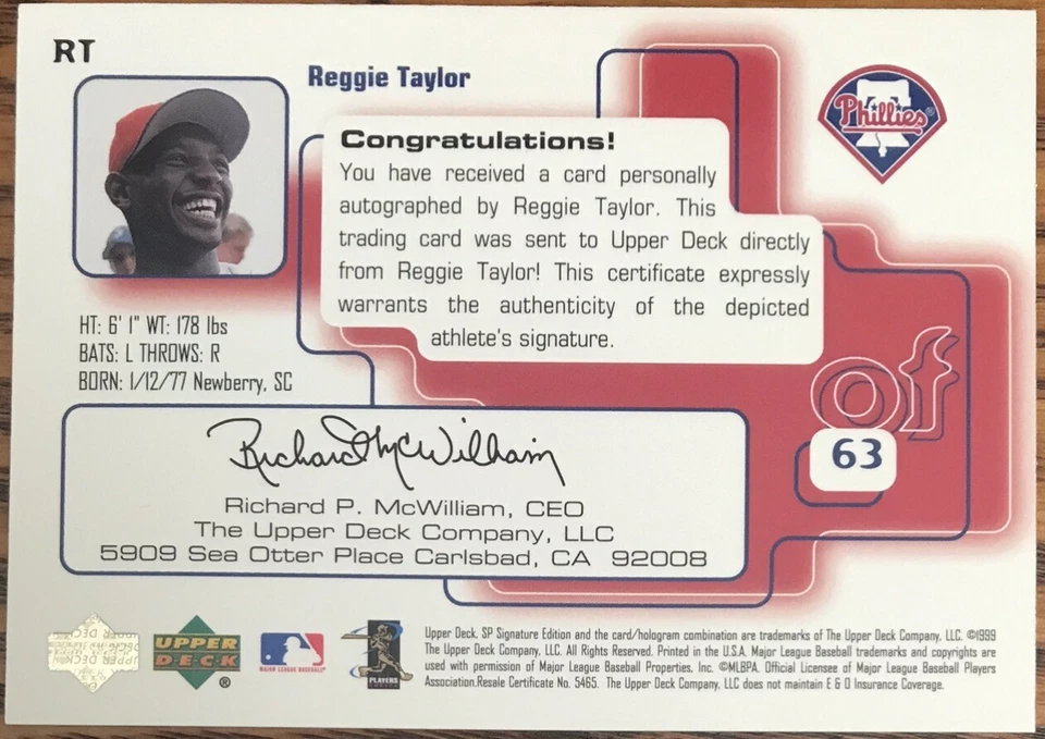 1999 SP Signature Edition Autographs Reggie Taylor RT Philadelphia Phillies - Image 2 of 2